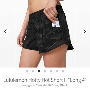 Lululemon Hotty Hot Low Rise 4” long Running shorts Size 6 Black Camo